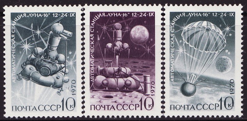 Russia 3798-800, Russia Stamps Luna 16, UnManned Moon Mission, MNH