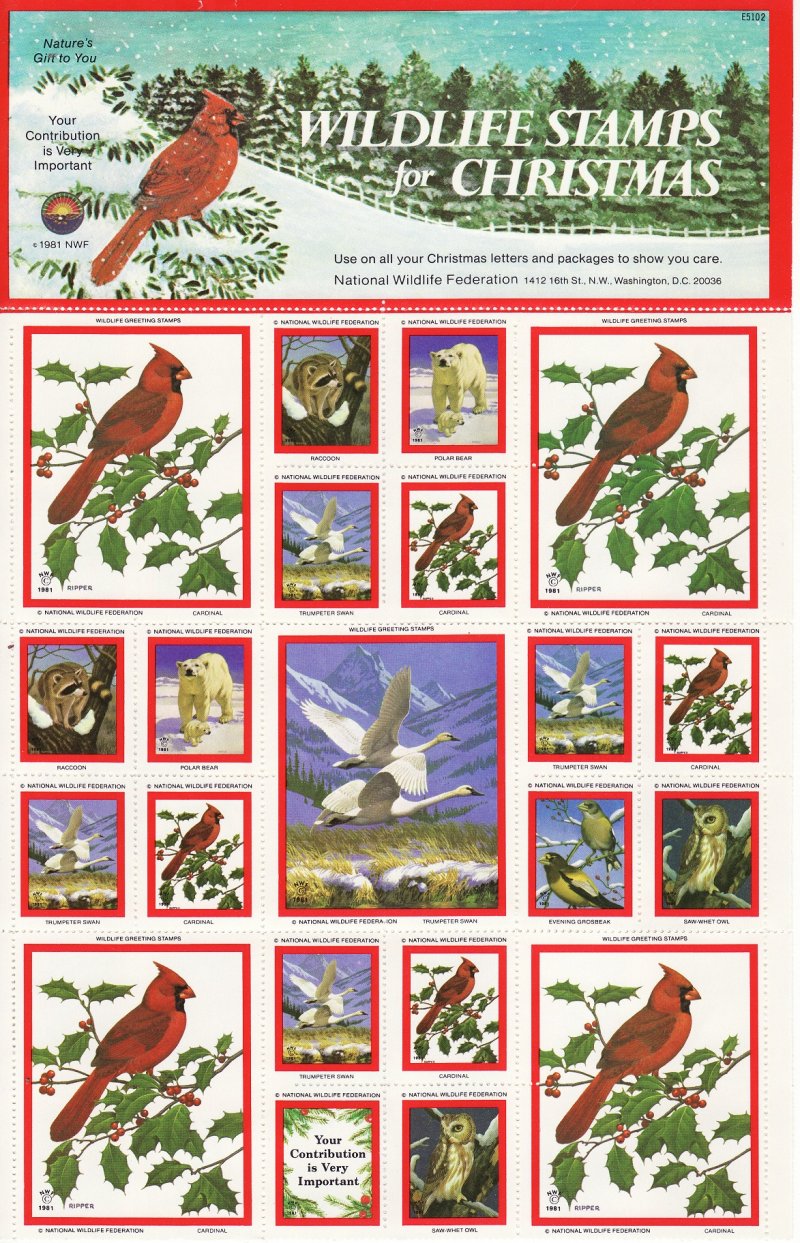 NWF 8-255C.26.2x, 1981 National Wildlife Federation Christmas Charity Stamps Sheet, Rows 1-6