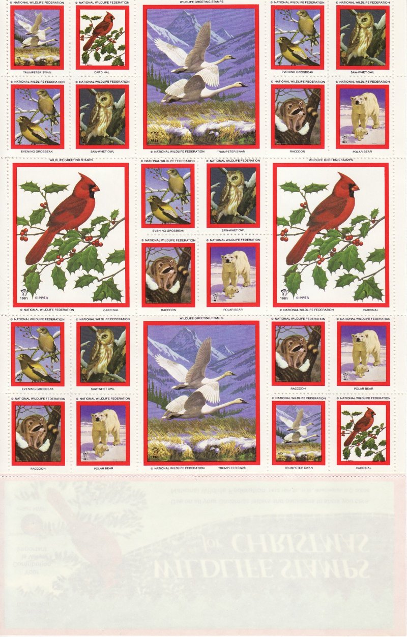 NWF 8-255C.26.2x, 1981 National Wildlife Federation Christmas Charity Stamps Sheet, Rows 7-12