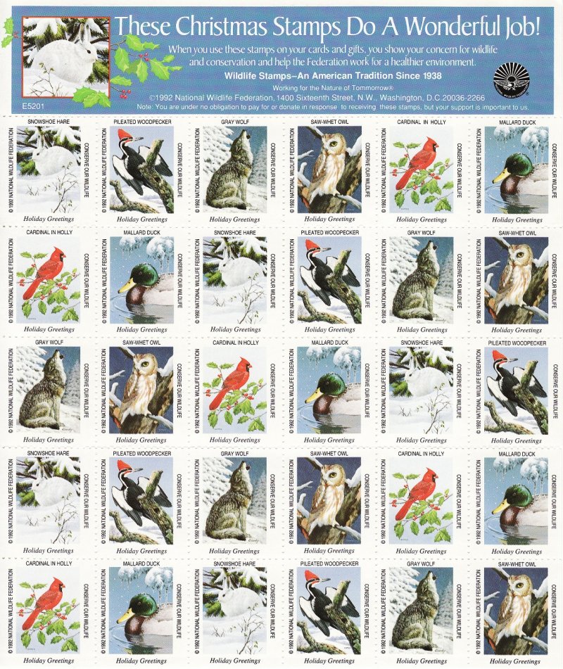 NW 8-255C.37.1x 1992 National Wildlife Federation Christmas Charity Stamps Sheet