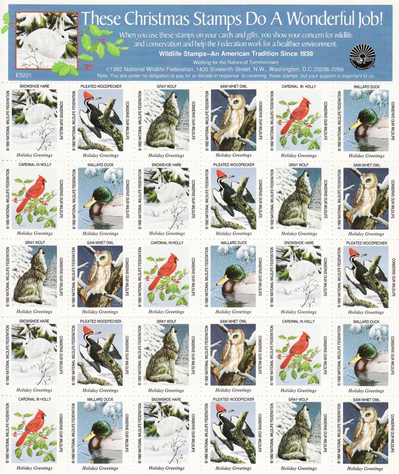 NW 8-255C.37.1x 1992 National Wildlife Federation Christmas Charity Stamps Sheet