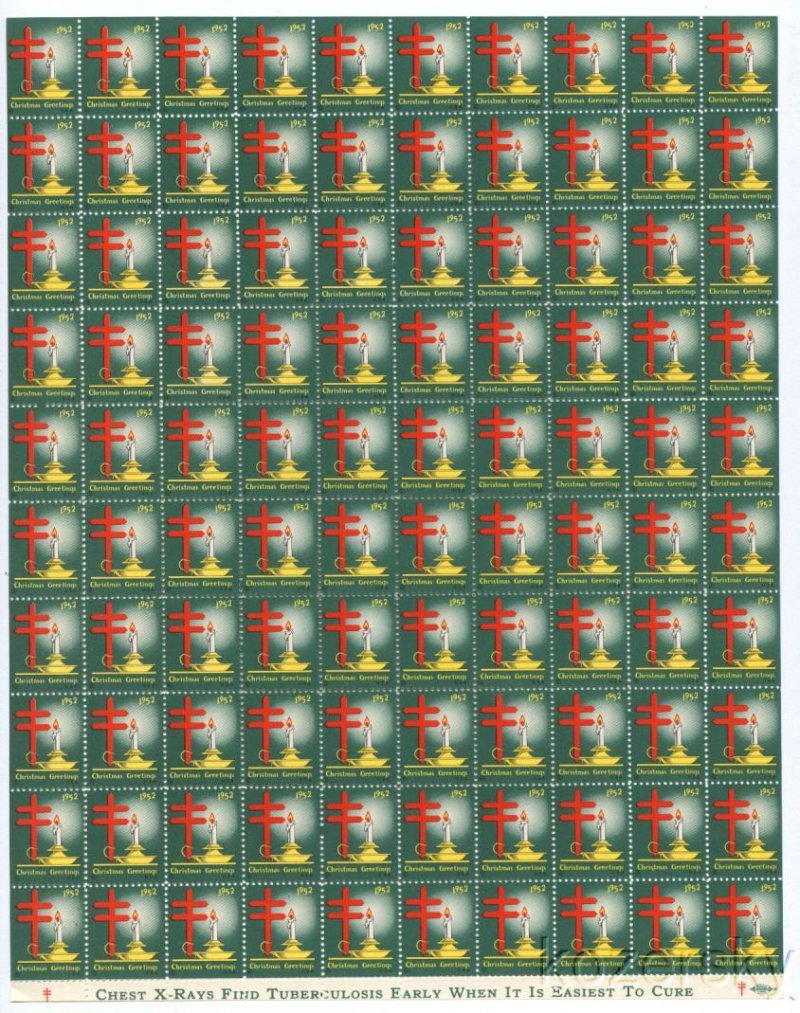 1952-1x1, 1952 U.S. Christmas TB Seals, Sheet/100, pm E, MNH