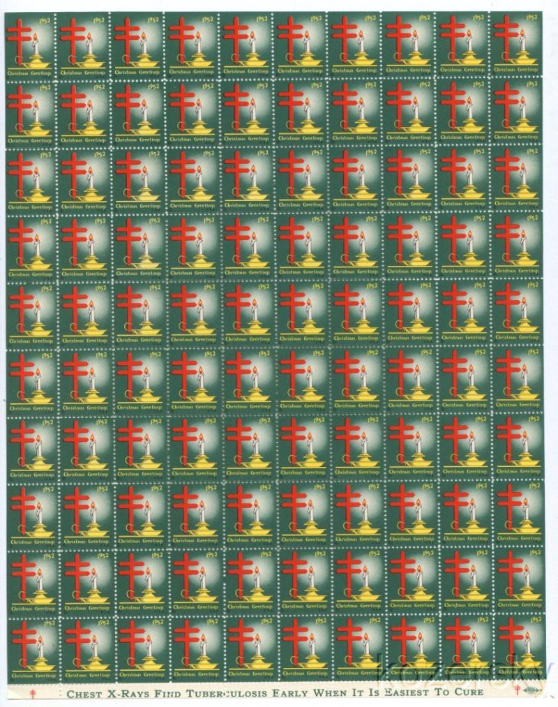 1952-2x, 1952 U.S. Christmas TB Seals, Sheet/100, pm S, MNH