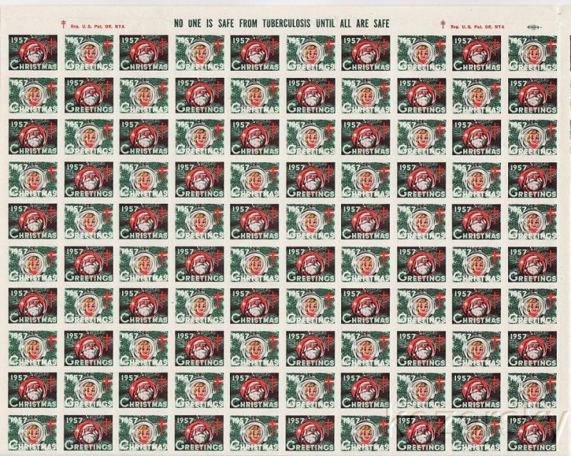 1957-1x, 1957 U.S. Christmas TB Seals, Sheet/100, pm E, MNH