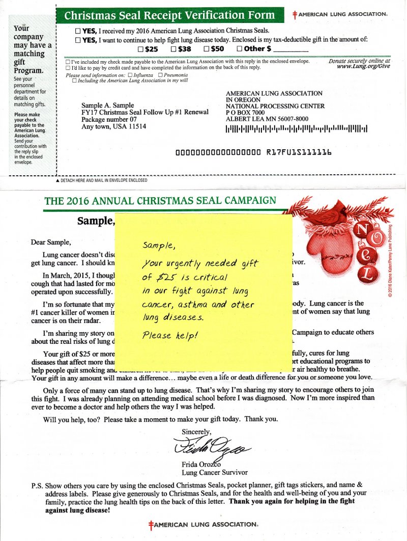 2016 U.S. Christmas Seal Renewal Campaign Letter, Albert Lea, MN return address