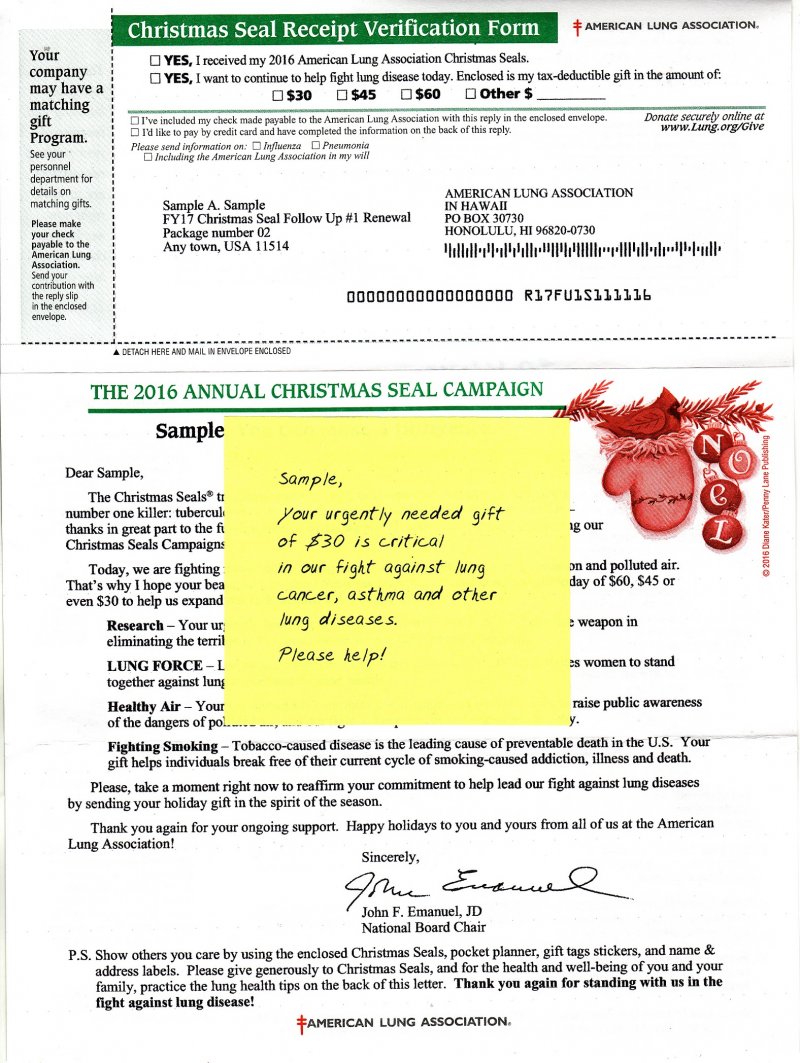 2016 U.S. Christmas Seal Renewal Campaign Letter, Hawaii remittance