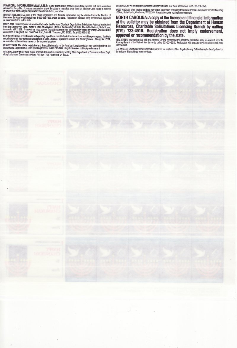 100-T13xA, 2000 U.S. Chanukah Charity Seals Sheet, Menorahs, reverse of sheet