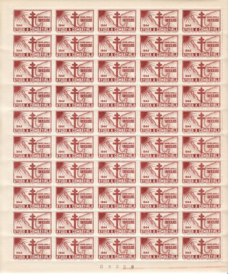  Mexico 2.1x, 1944 Mexico TB Charity Seals Sheet 