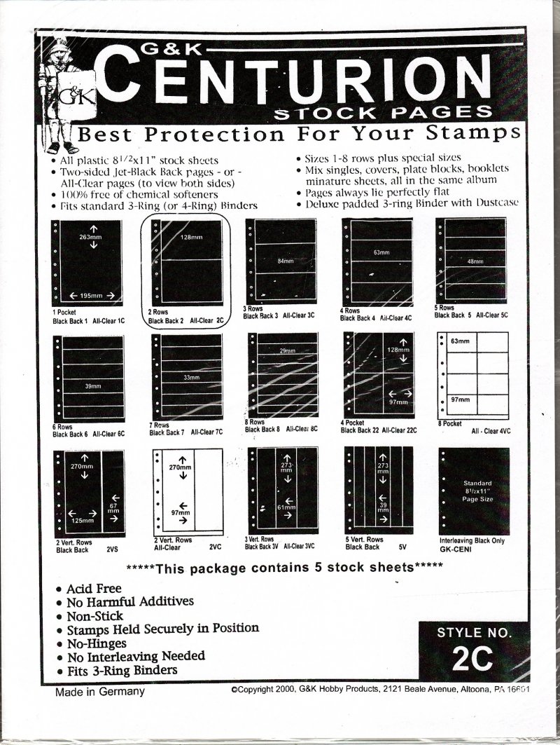 G&K Centurion Stamp Stock Sheets, 2 Row Clear