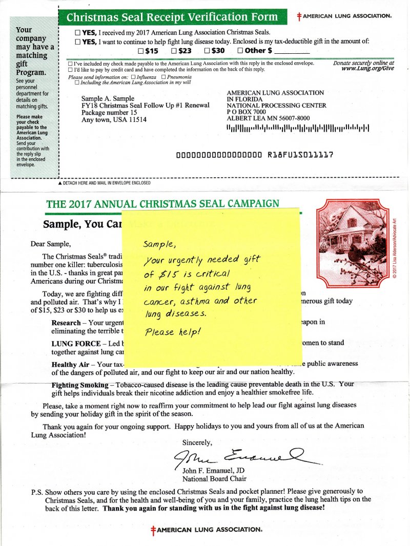 2017 U.S. Christmas Seal Renewal Campaign Letter, Albert Lea, MN return address