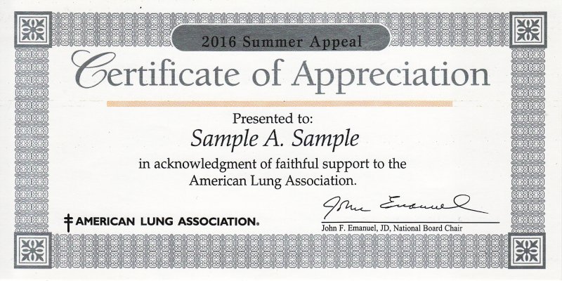 2016 ALA Certificate of Appreciation
