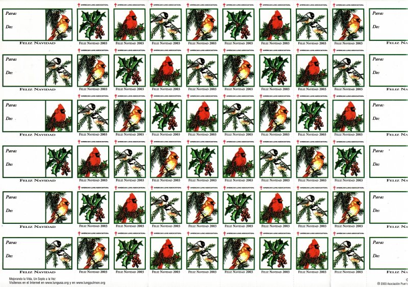 2003-1.3x, 2003 Spanish U.S. National Christmas Seals Sheet, showing gift tags in 1st column