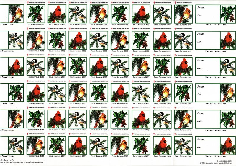 2003-1.3x, 2003 Spanish U.S. National Christmas Seals Sheet, showing gift tags in 10th column