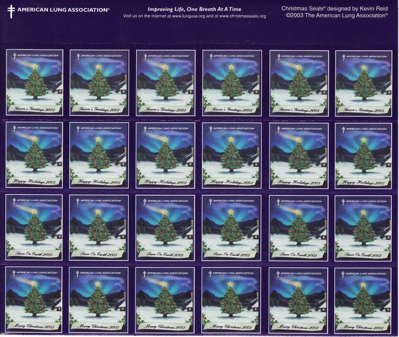 2003-T1x, 2003 U.S. Christmas Seals Test Designs Sheet, top half of 24 seals