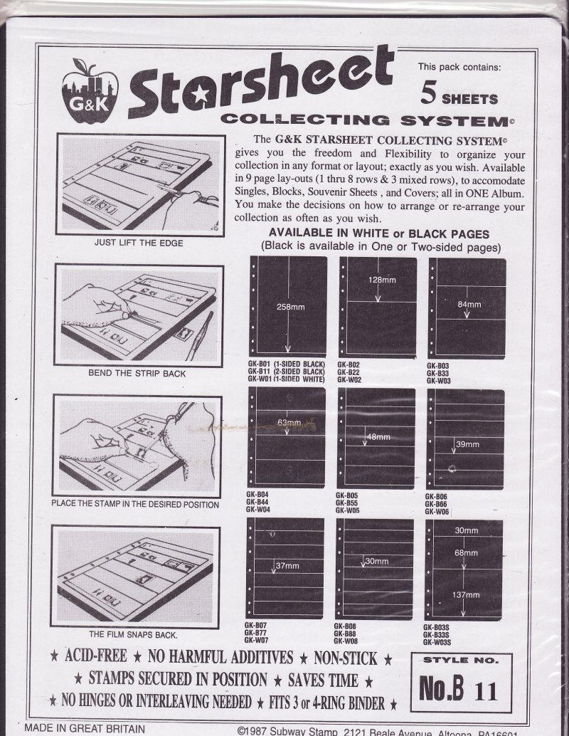 G&K Starsheet Stamp Stock Sheets 1 Row, double-sided