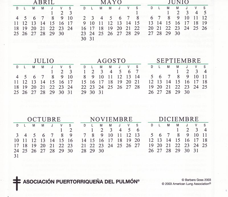 CL103-1.3, 2003-2004 ALA U.S. Christmas Seals Themed Calendar, Spanish Text, bottom half