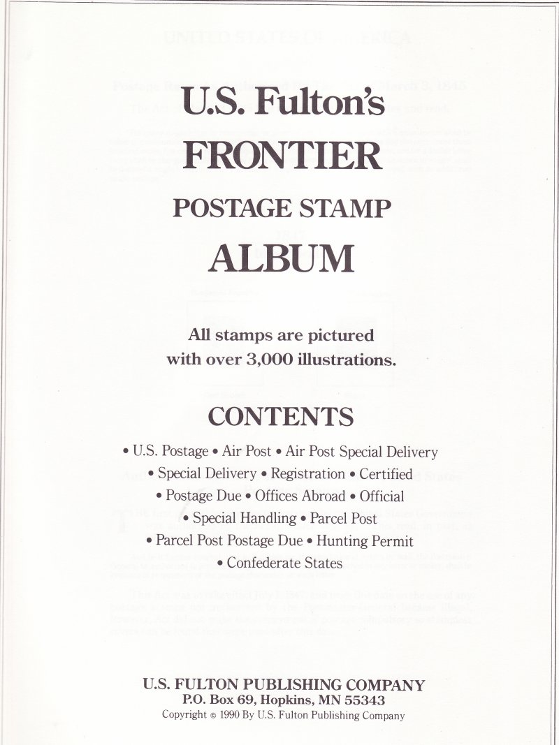 Frontier U.S. Postage Stamp Album 1990 ed., inside cover