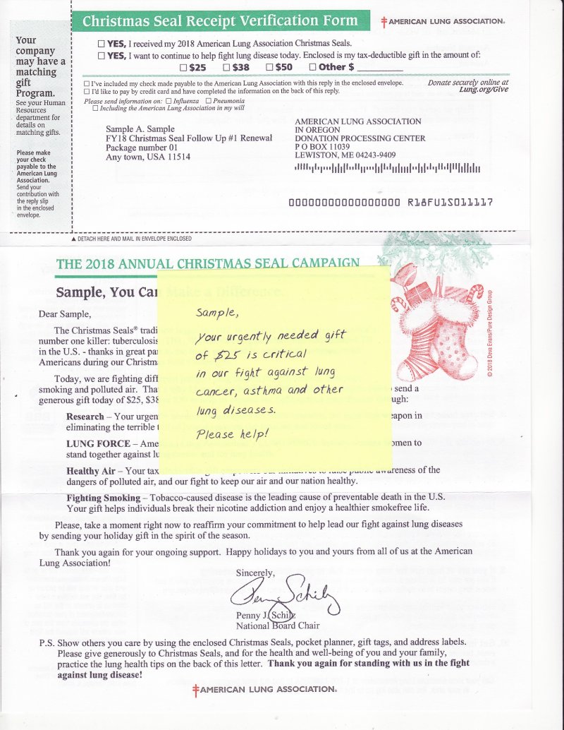 2018 U.S. Christmas Seal Renewal Campaign Letter, Lewiston, ME, return address