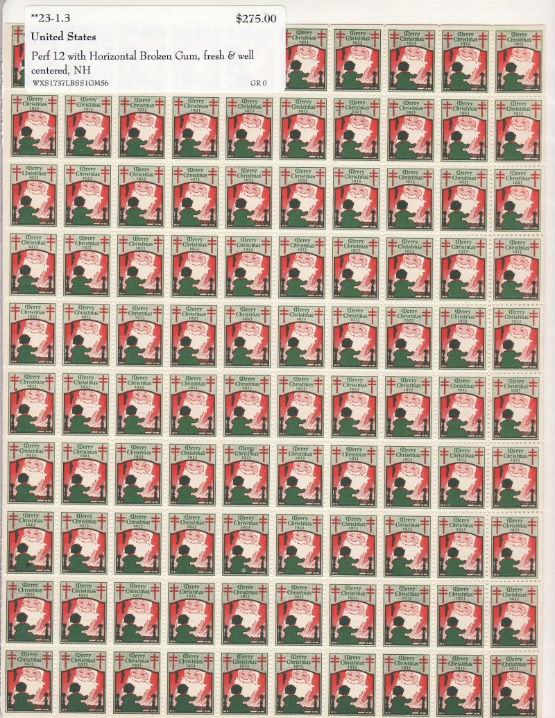 23-1.3x, WX31c, 1923 U.S. Christmas Seals Sheet, HBg  