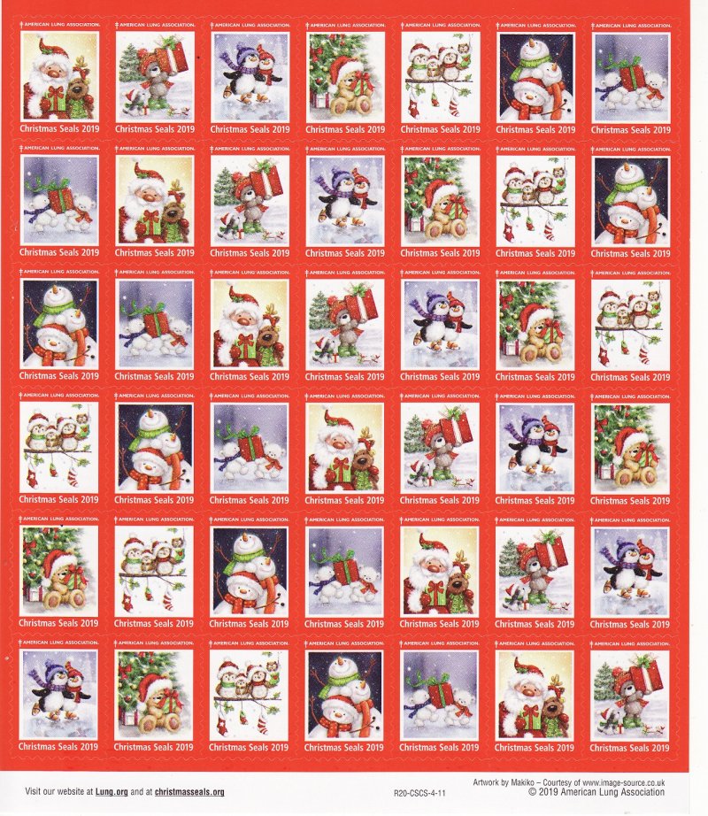 119-T4x, 2019 ALA Test Design U.S. Christmas Seals Sheet, R20-CSCS-4-11