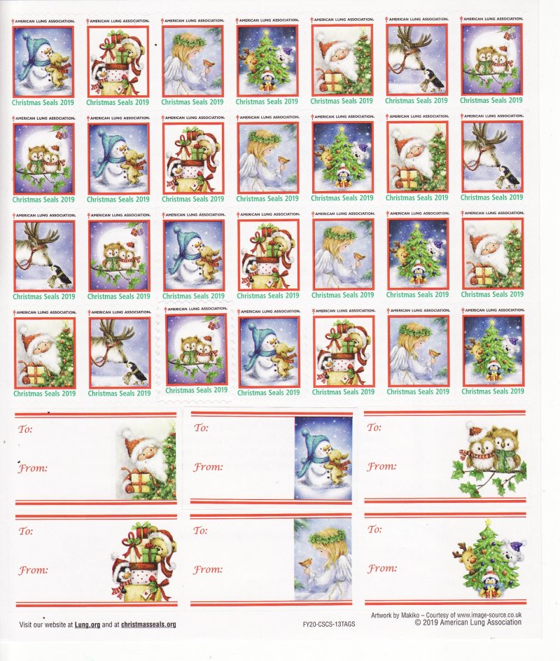   119-1x3, 2019 ALA National Design U.S Christmas Seals Sheet  FY20-CSCS-13TAGS