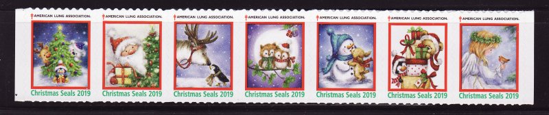 119-1, 2019 U.S. Test Design Christmas Seals, As Required Strip of 7 Designs