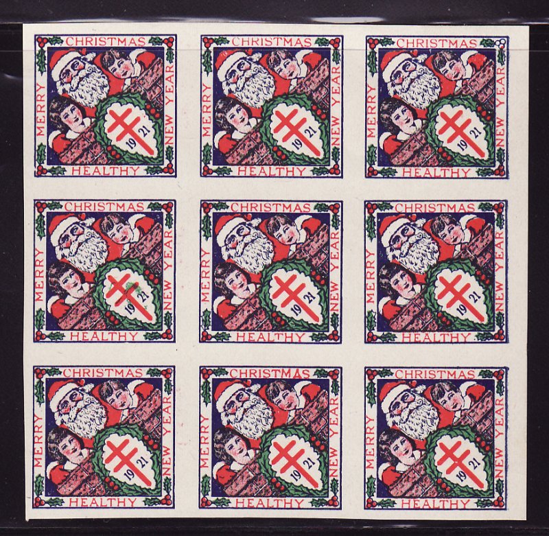  1921-3p, WX29a, U.S. Christmas TB Seals Imperforate Block, Type 3, flaw #49