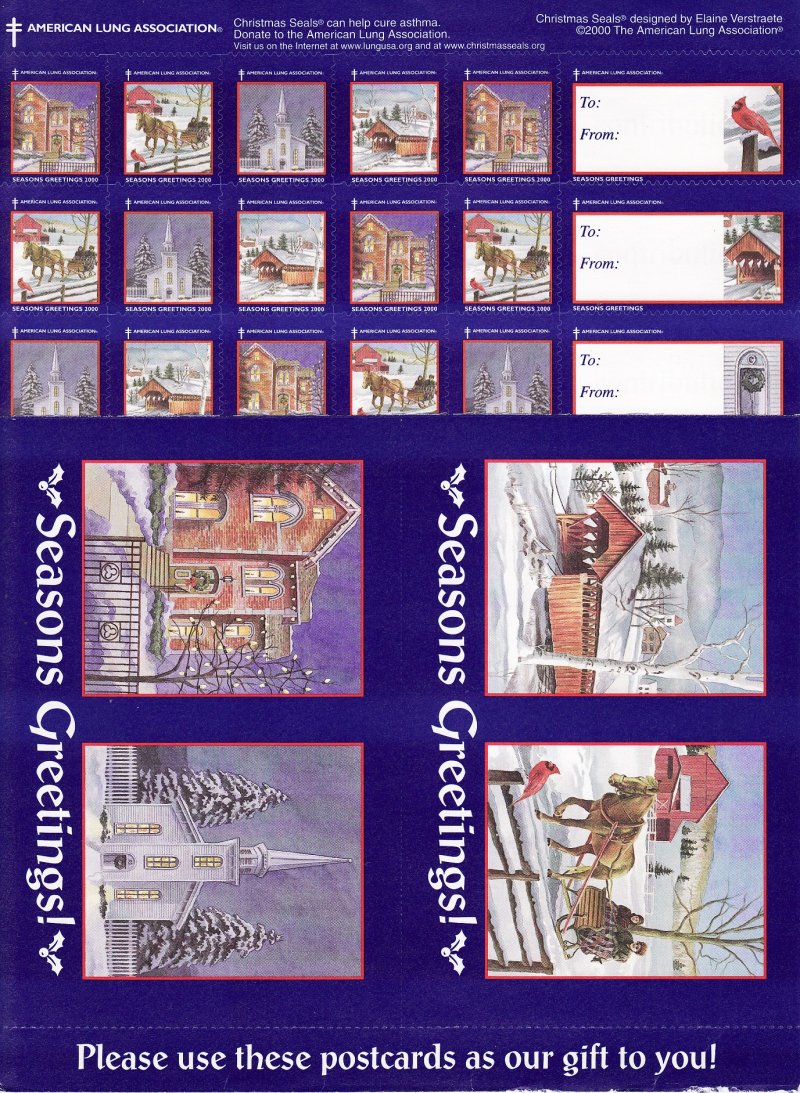  2000-2x2, 2000 ALA National U.S. Christmas Seals Sheet, with Postcards
