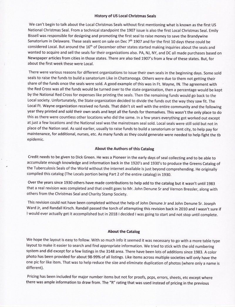 Green's Catalog, Part 2, U.S. Local TB Christmas Seals, 2020 ed., page i, History of Local TB Seals