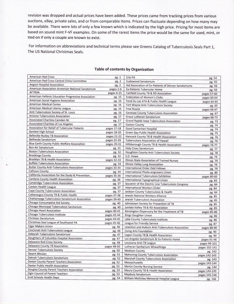 Green's Catalog, Part 2, U.S. Local TB Christmas Seals, 2020 ed., page ii, Table of Contents