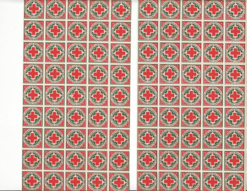 1910-1x, WX6, 1910 U.S. Red Cross Christmas Seals 2 half-sheets of 50