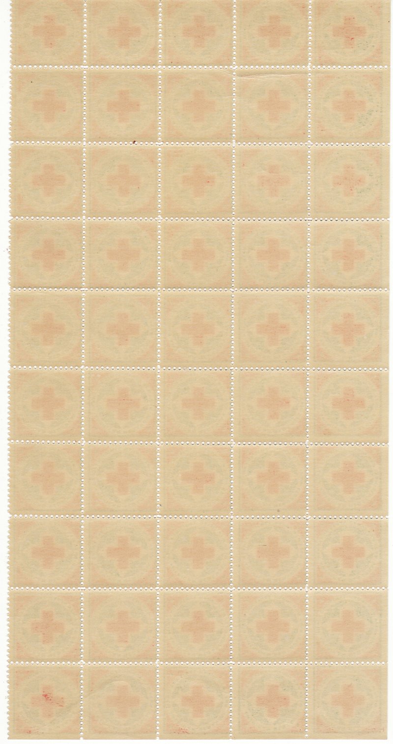 1910-1x, WX6, 1910 U.S. Red Cross Christmas Seals, right half-sheet of 50, reverse of sheet