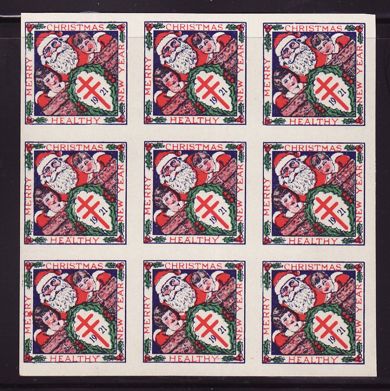 1921-3p, WX26a, U.S. Christmas TB Seals Imperforate Block, Type 3, flaw #92