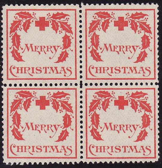 1907- 1.2, WX1, 1907 U.S. Red Cross Christmas Seals Block, Type 1.2, thin paper 