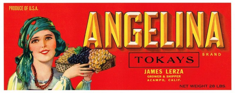 ANGELINA Brand California Tokay Grapes Crate Label