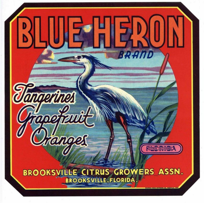 Blue Herom Brand Florida Citrus Crate Label