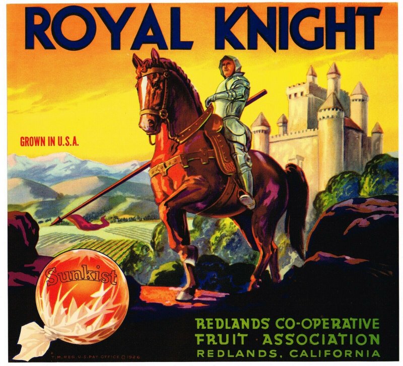 Royal Knight Brand California Sunkist Oranges Crate Label