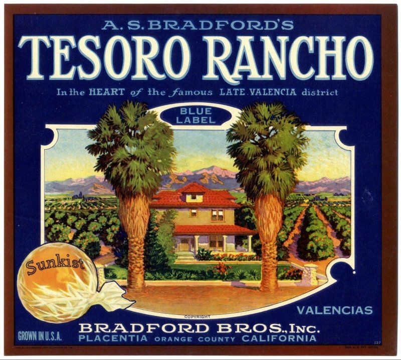 Tesoro Rancho Brand California Sunkist Valencia Oranges Crate Label