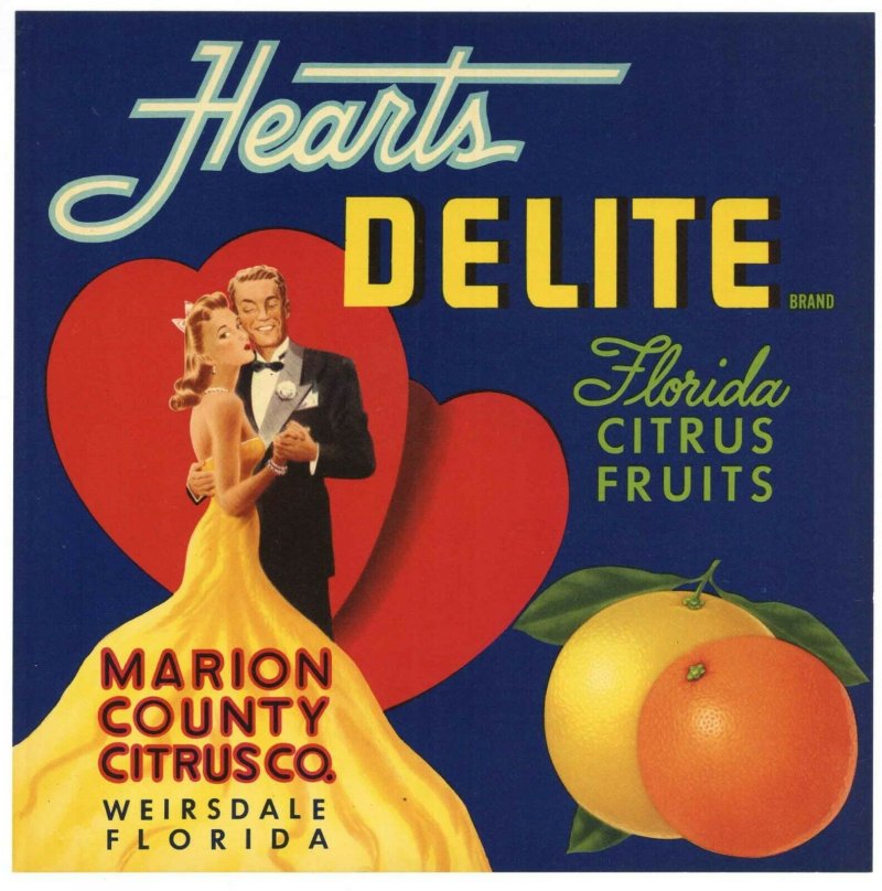 Hearts Delite Brand Florida Citrus Fruit Crate Label
