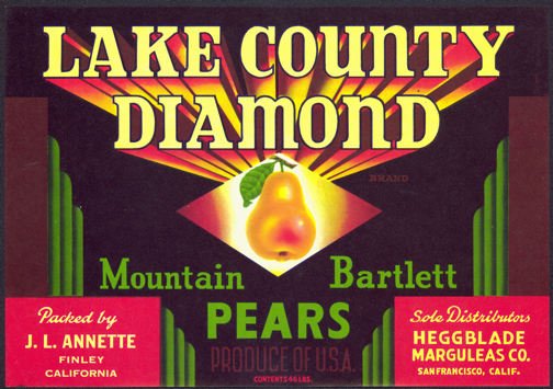 Lake County Diamond Brand California Bartlett Pears Crate Label