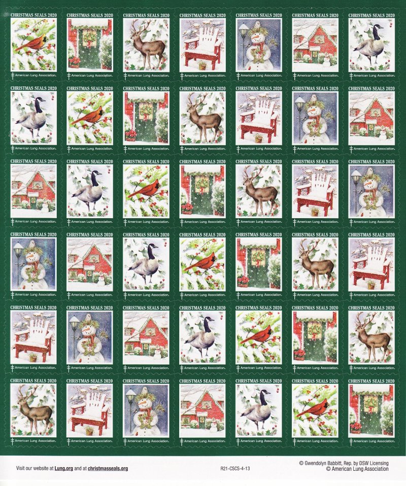 120-T1x, 2020 ALA Test Design U.S. Christmas Seals Sheet, R21-CSCS-4-13