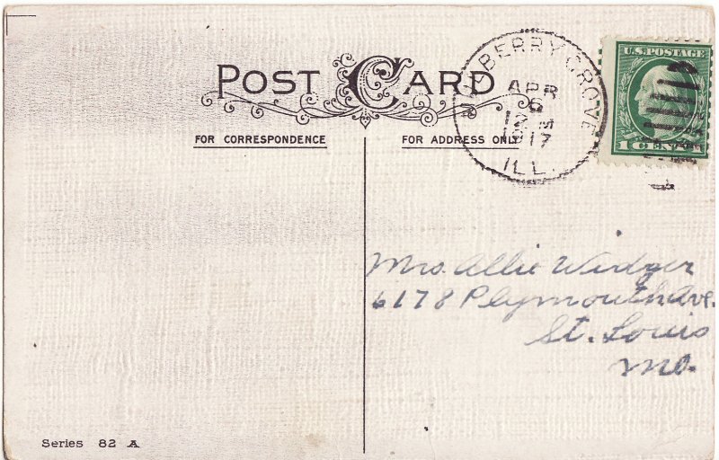 Easter Postcard, Embossed, 1917 Mulberry Grove Illinois Postmark, reverse of card