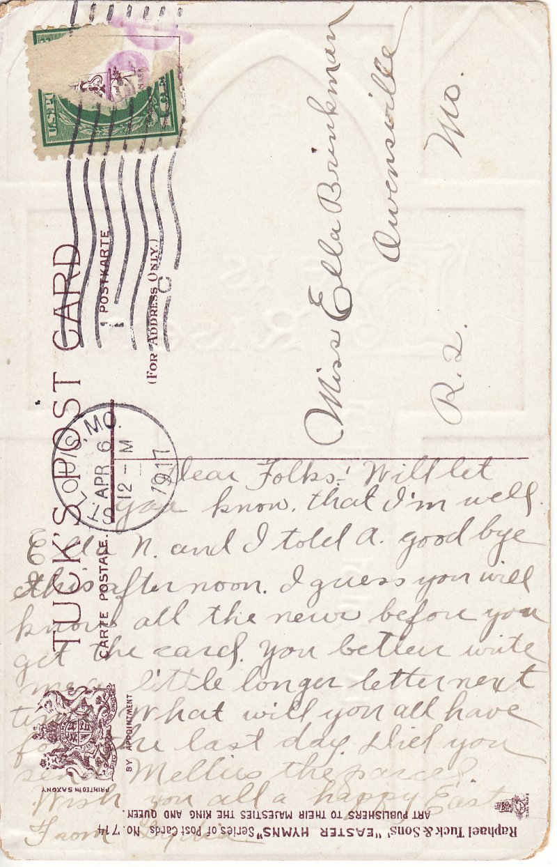Easter Postcard, Embossed, 1917 Saint Louis, Missouri Postmark, reverse of postcard