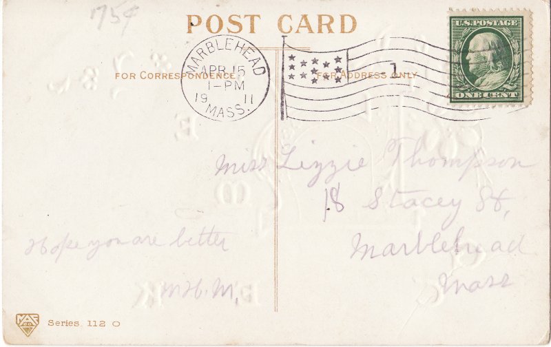 Easter Postcard, Embossed, 1911 Marblehead, Mass. Postmark, reverse of postcard