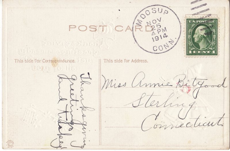 Thanksgiving Postcard, Embossed, 1914 Moosup, Conn. Postmark, reverse of card