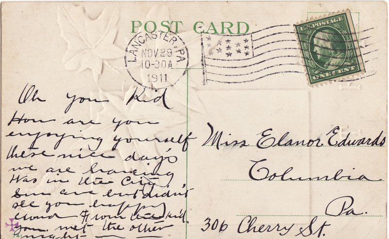 Thanksgiving Postcard, Embossed, 1911 Lancaster, PA Postmark, reverse of postcard