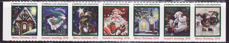 116-T3, 2016 U.S. Test Design Christmas TB Seals, As Required Strip of 7 Designs