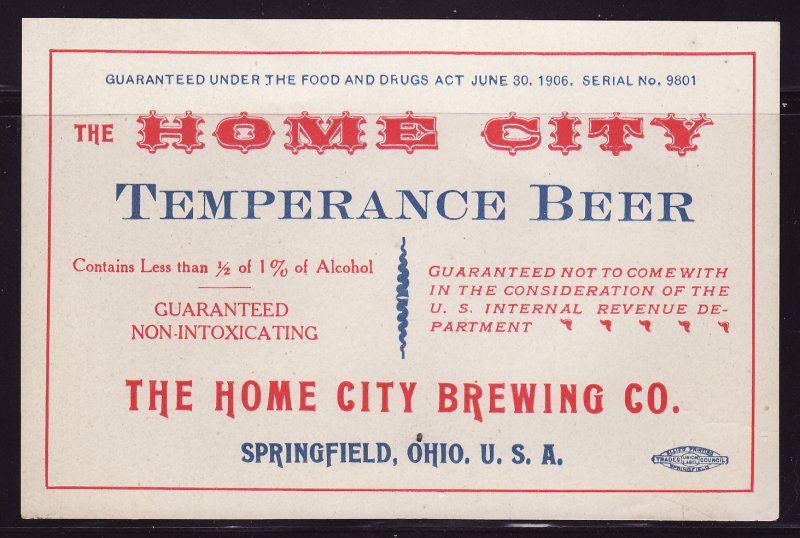 Home City Temperance Beer Label