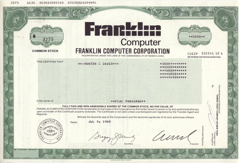 Franklin Computer Corporation (Franklin Publishing) Stock Certificate