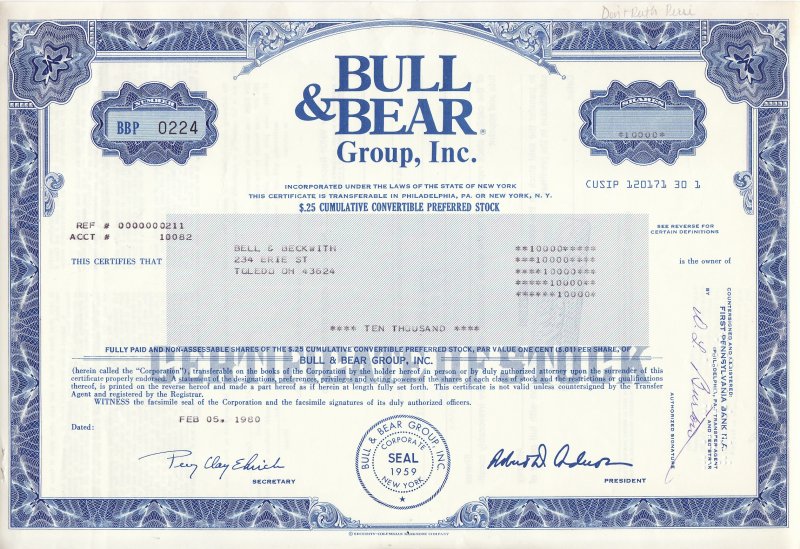 Bull & Bear Group, Inc. Stock Certificate